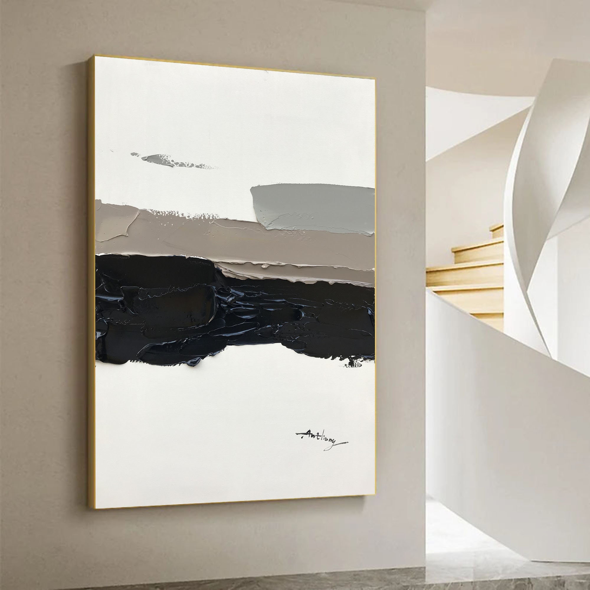 Large Minimalist Abstract Painting Black Minimalist Abstract Art Beige ...