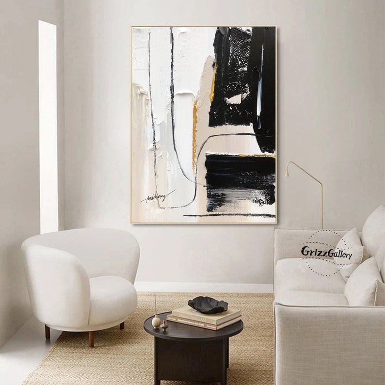 Beige and Black Abstract Painting on Canvas Large Textured Wall Art ...