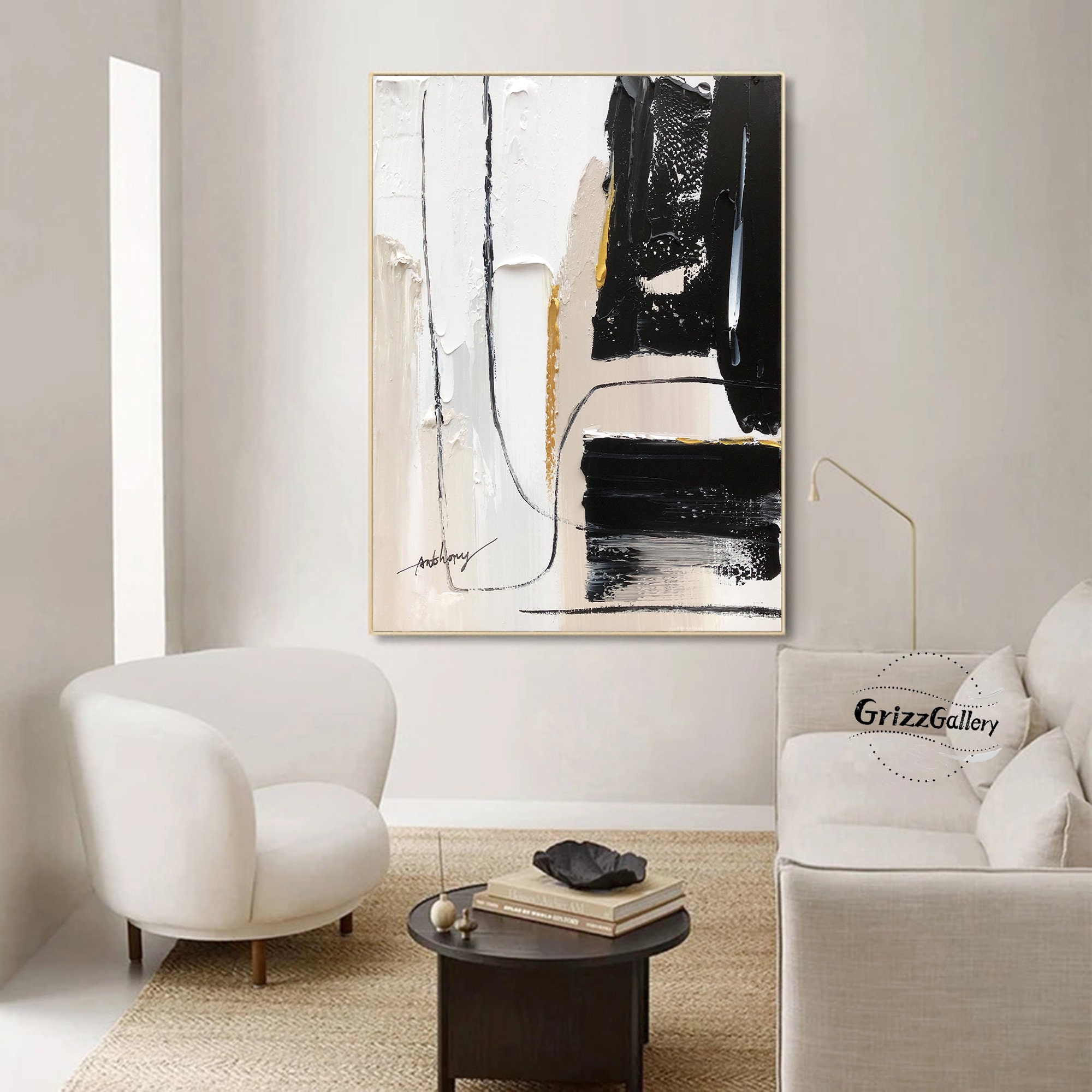 Beige and Black Abstract Painting on Canvas Large Textured Wall Art ...