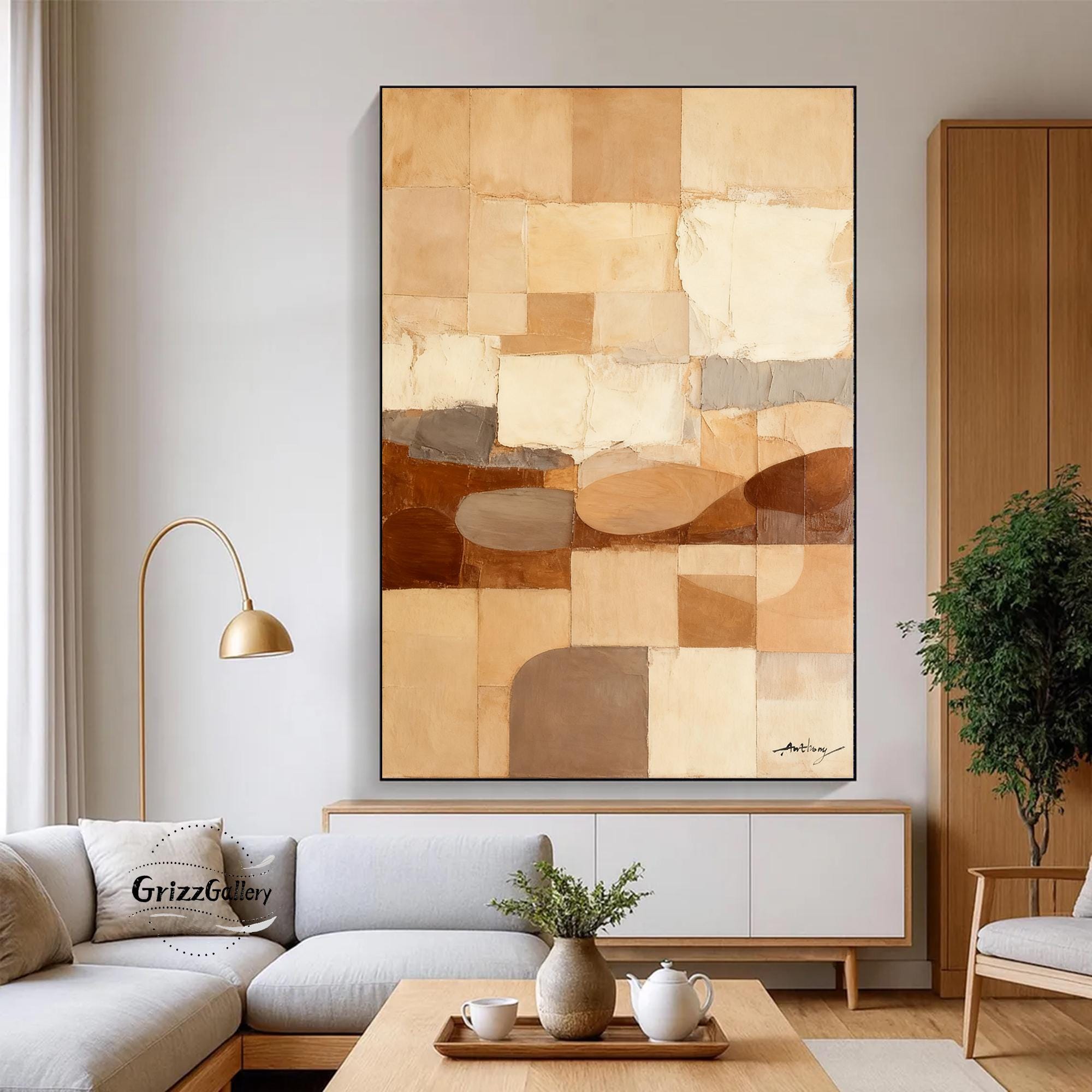 Original Brown Abstract Painting Large Geometric Pattern Beige and ...