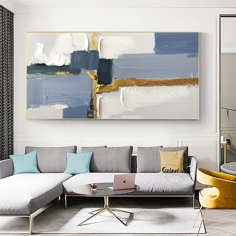 Large Minimalist Abstract Painting Blue White Abstract Painting Blue ...