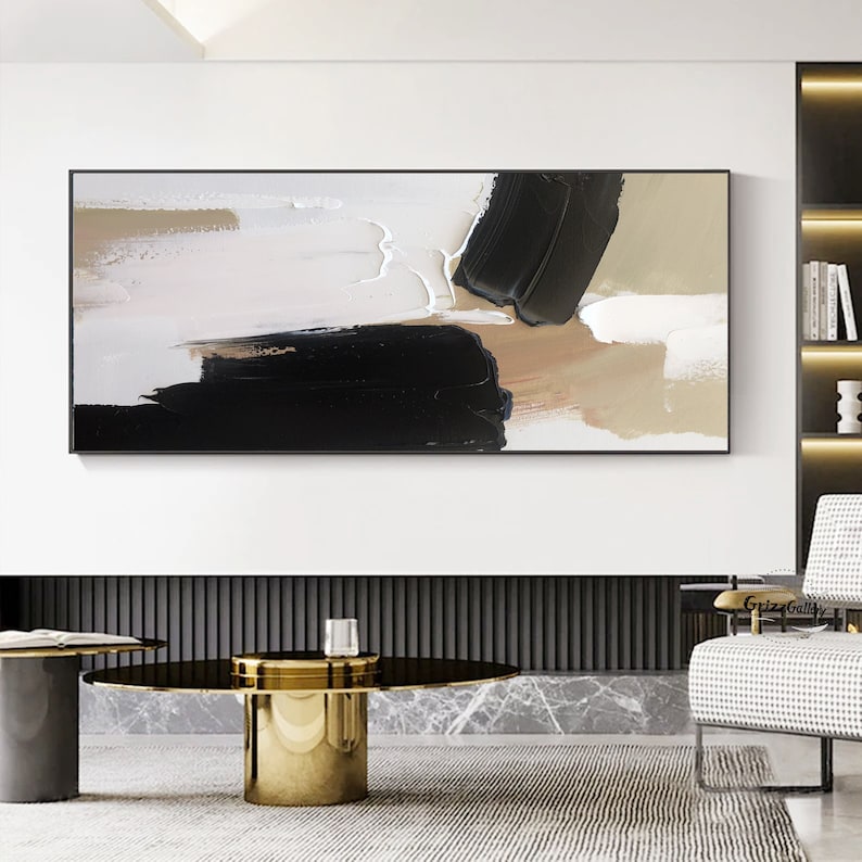 Black and White Minimalist Painting Large Black Abstract Wall Art White ...