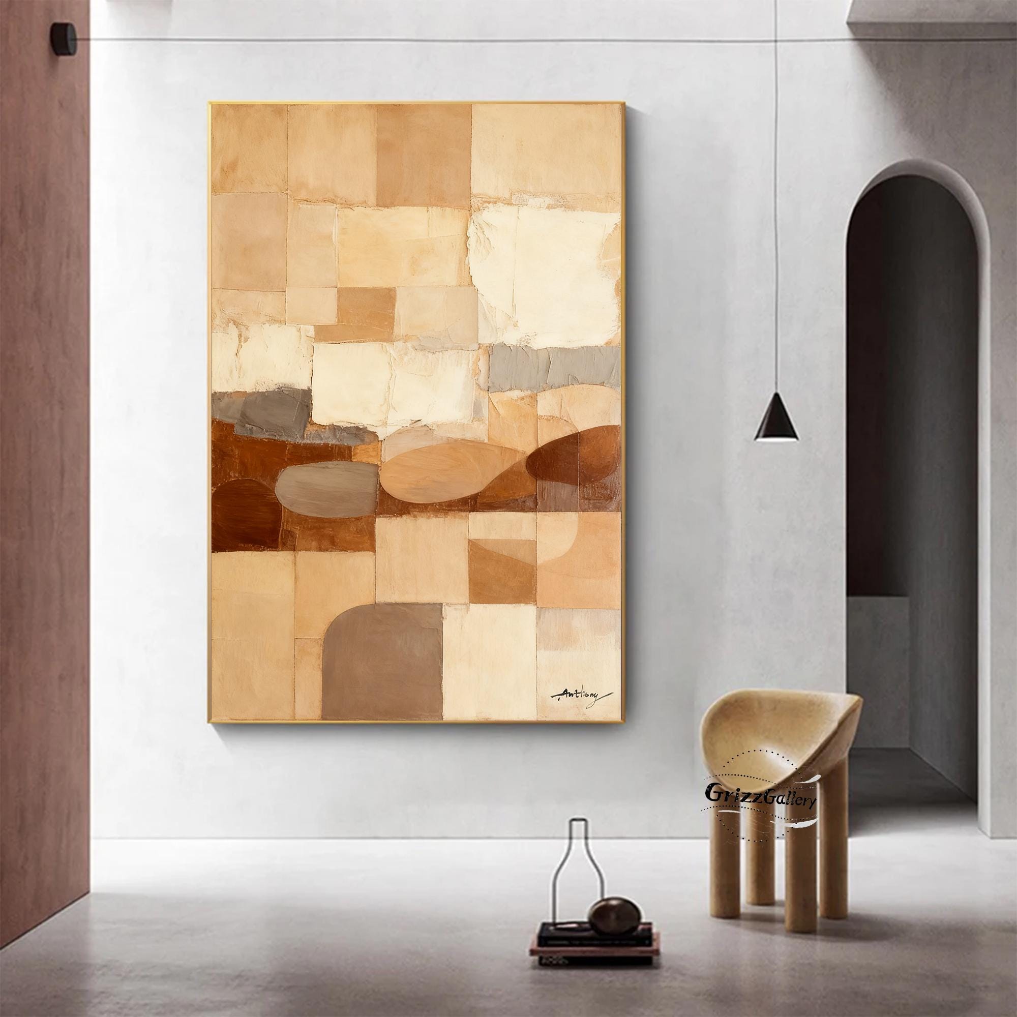 Original Brown Abstract Painting Large Geometric Pattern Beige and ...