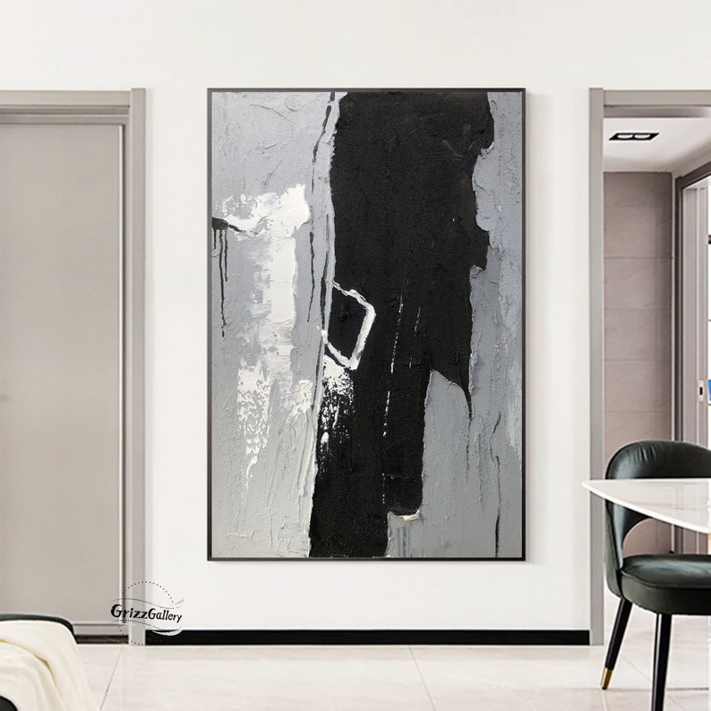 Large Grey Texture Painting Black and Grey Abstract Wall Art Etsy