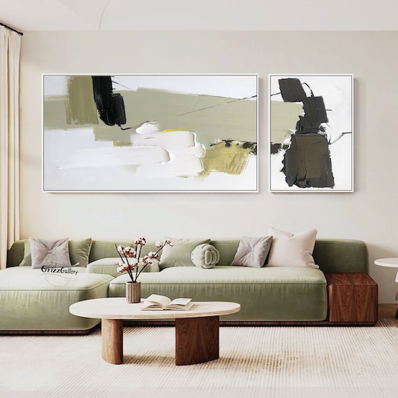 Light Green Abstract Texture Painting Black and White Painting White Abstract  3D Texture Art Green Minimalist Art Set of 2 Green Paintings