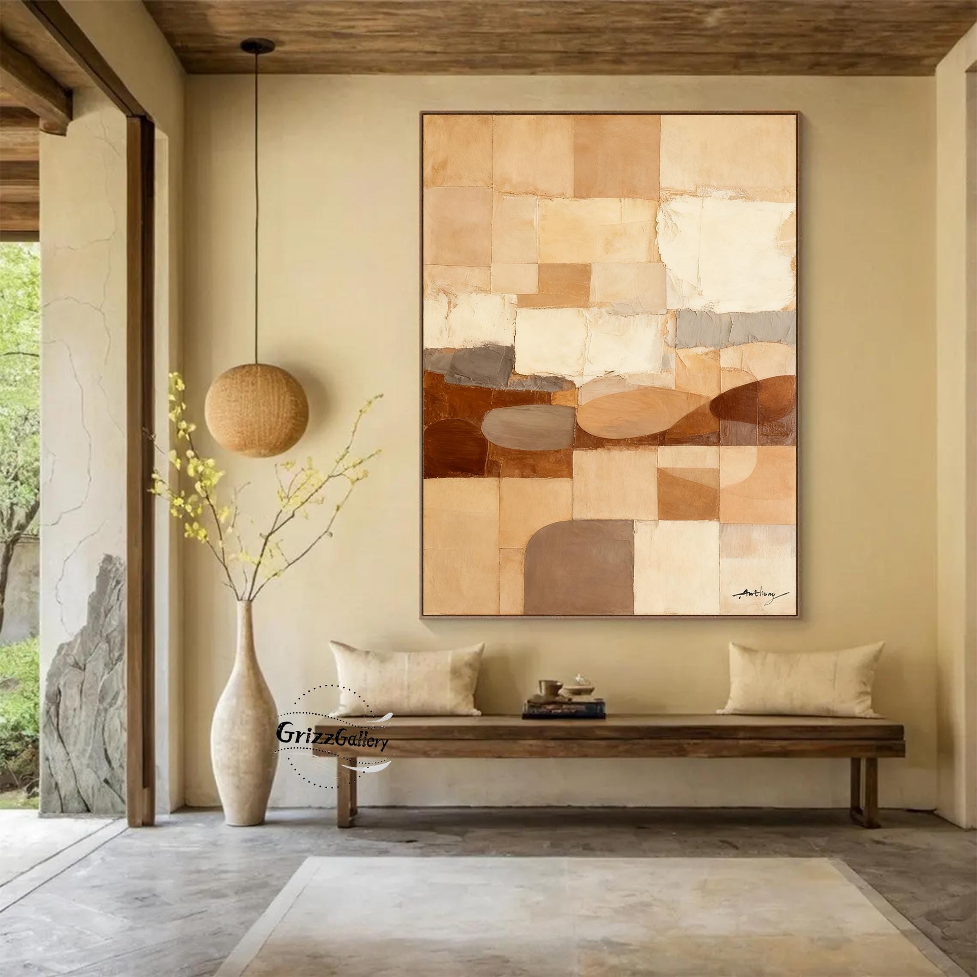 Original Brown Abstract Painting Large Geometric Pattern Beige and ...