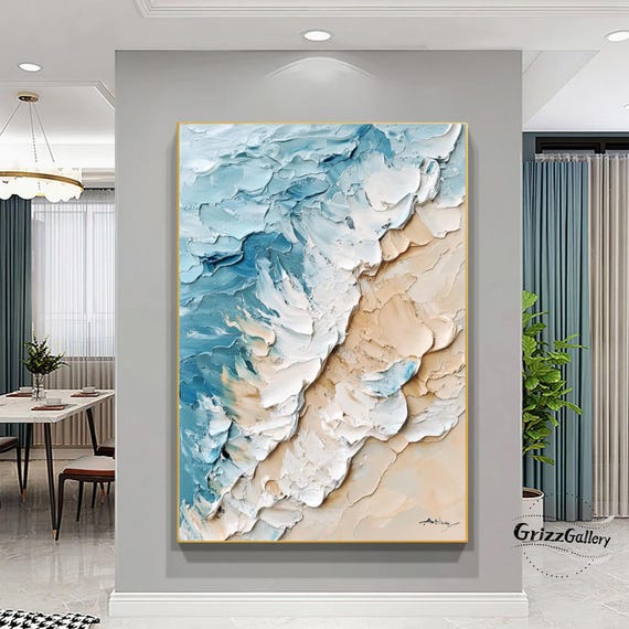 Blue 3D Texture Painting Large Coastal Wall Art Blue Ocean Waves Abstract Painting Beige Beach Texture  Art Ocean Waves Art Blue Wall Art