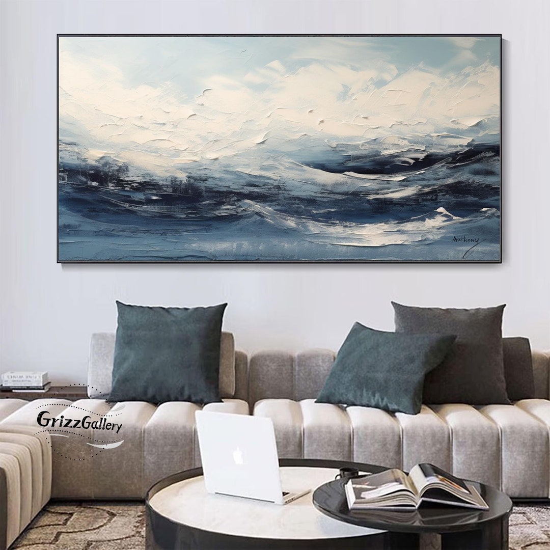 Abstract Dark Blue Texture Painting Large Blue and White Abstract