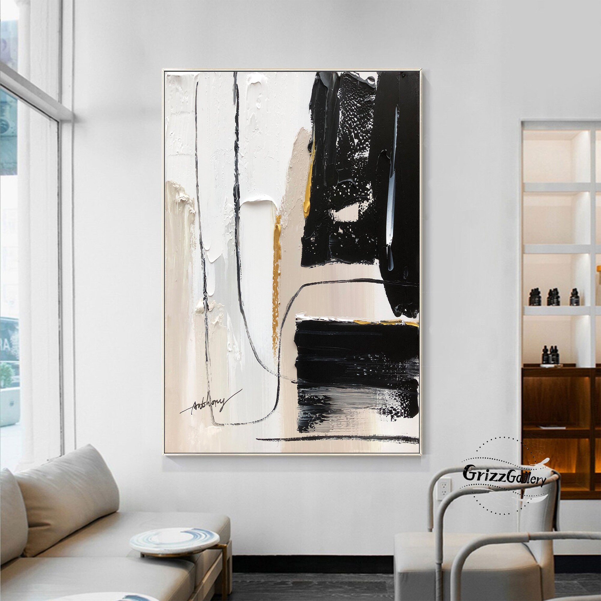 Beige and Black Abstract Painting on Canvas Large Textured - Etsy