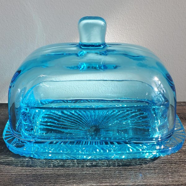 Vintage Blue Glass Butter Dish, Serve Dish