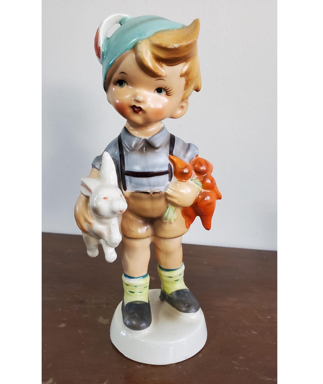 Vintage Child Riding Rabbit Vintage Little Boy Carrying Rabbit and Carrots Figurine 8.5
