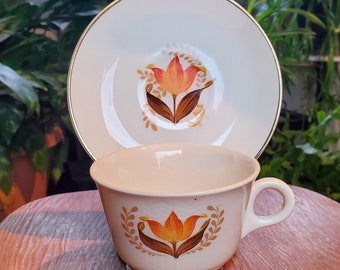 Vintage Harker Bakenrite Teacup and Saucer - 22k Gold Rim - Orange Tulip Pattern