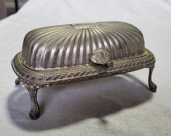 Vintage Footed Silver Plate Butter Dish with Roll Top and Glass Plate