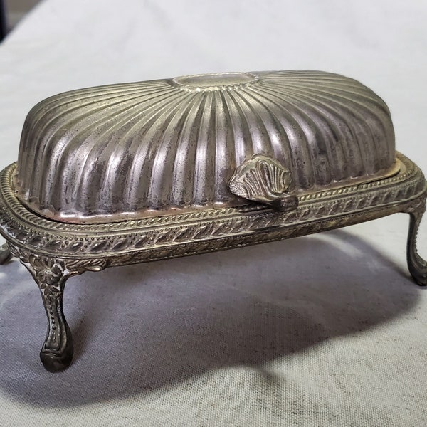 Vintage Footed Silver Plate Butter Dish with Roll Top and Glass Plate