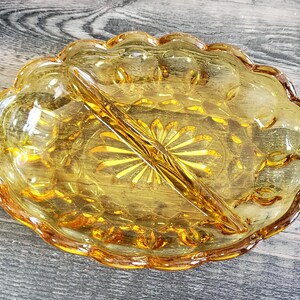 Vintage Glass Amber Relish Dish Scalloped Edge