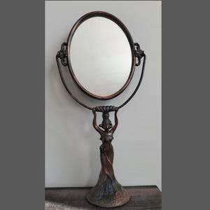 Art Nouveau Copper Vanity Mirror Lady Holding Mirror
