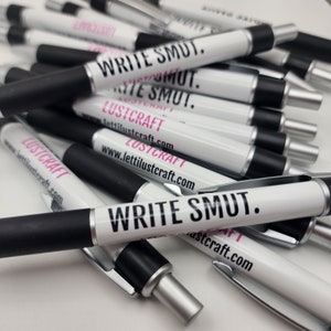 May include: A pile of black and white pens with the text "WRITE SMUT." and "LUSTCRAFT" printed on them. The website address "www.lettilustcraft.com" is also printed on the pens.
