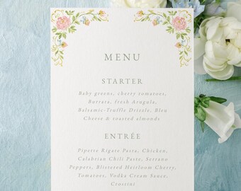 Editable Floral Garden Elegant Formal Dinner Menu 4x9 | Blush Pink Flowers Watercolor Wedding Menu | Templett Instant Download