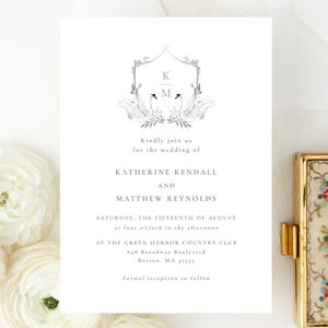 Modelo de convite para suíte de casamento com monograma e brasão do CISNE BRANCO editável | Informações do cartão RSVP com código QR, 3 peças para impressão | Download instantâneo da Templett imagem 1