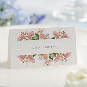 Tarjetas con nombre para mesa de boda, despedida de soltera, con marco floral editable, color lila y rosa, 3,5 x 2, para asientos de bufé, descarga instantánea