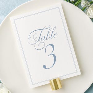 Op de afbeelding: Een witte plaat met een tafelnummerkaart met de tekst "Table 3" in lichtblauw schrift. De kaart wordt vastgehouden door een goudkleurige houder. Antiek bestek is vastgebonden met een wit lint. Blauwe en witte bloemen zijn rond de plaat gerangschikt.