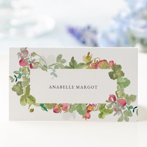 Editable Painted Berry Floral Frame Berries Wedding Bridal Shower Place Name Cards 3.5x2 | Buffet Seating Card|Templett Instant Download
