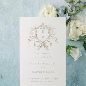 Editable VICTORIA Tan Baroque Crest Wedding Program Event Wedding Day Timeline Template Monogram Printable 4x9 | Templett Instant Download