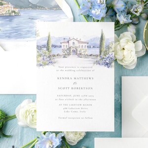 Plantilla de invitación de boda en acuarela editable para el lugar del Lago Como Azul / Información de la tarjeta RSVP (3 piezas imprimibles) / Descarga instantánea de Templett