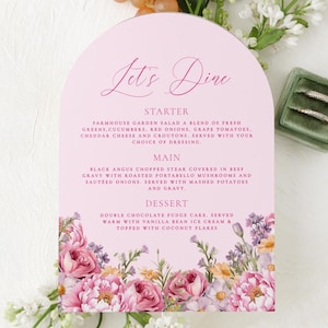 Plantilla de menú de arco de peonía rosa con flores editables para eventos de bodas / Arco de flores de jardín imprimible personalizado de 5 x 7 / Descarga instantánea de Templett