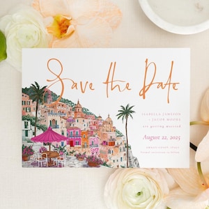 Plantilla editable para guardar la fecha de la boda en la costa de Amalfi, Positano, Italia / Invitación imprimible personalizada de Italia de 7 x 5 / Descarga instantánea de Templett