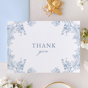 Modifiable DAYDREAM bleu Chinoiserie Floral victorien vintage mariage sous tente pliée Merci cartes 7 x 5 | Téléchargement instantané