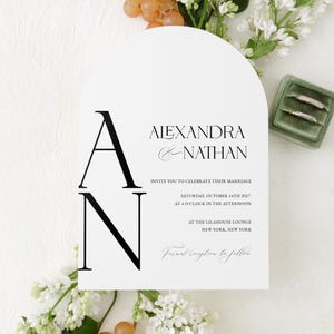 Editable Modern Black & White Arch Wedding Suite 5x7 Invitation Template | Initial Monogram  Classic Arched Templett Instant Download