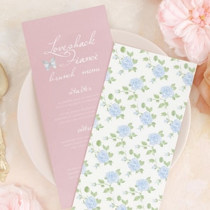 Bearbeitbare Love Shack Verlobte Dusty Rose Pink Shabby Chic Script Menü Vorlage Braut Brunch | Druckbares Menü 4x9 | Templett Sofort Download