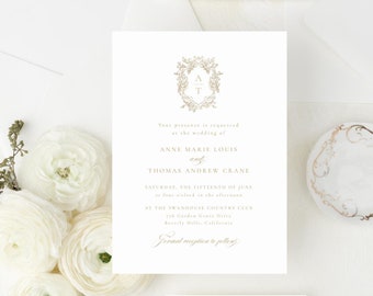 Editable Modern Ivy Gold Crest Wedding Suite Invitation Template | Monogram RSVP Card Info 3 Piece Printable | Templett Instant Download