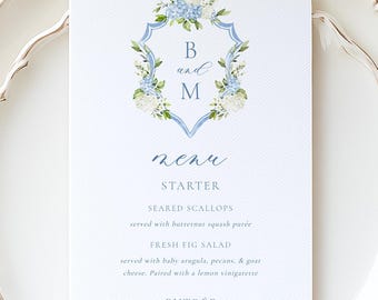 Editable Modern Blue Floral Monogram Custom Name Wedding Event Menu Template | Hydrangea Crest Printable Menu 4x9 |Templett Instant Download