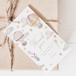 Une aventure modifiable vous attend pour une fête prénatale, étiquette de faveur lapin en montgolfière | Étiquette de cadeau d'invités bohème mignonne pour bébé | Étiquette de cadeau imprimable