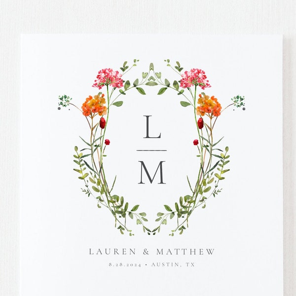 Editable Wildflower Floral Wreath Crest Wedding Monogram | Wedding Logo Wreath Wedding Monogram Emblem | Templett Instant Download