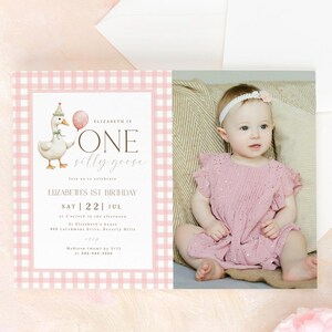 Editável One Silly Goose Convite de Aniversário Obrigado Pacote Modelo | Foto de Bebê Rosa Virando Um Ano 7x5 Templatett Download Instantâneo Editável