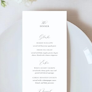 Bearbeitbare moderne klassische Minimal Script Serif Hochzeitsevent Menü Vorlage | Schwarz & Weiß Printable Menü 100x120 | Templett Sofort Download