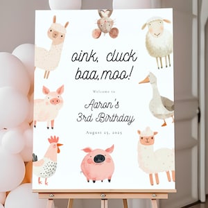 Plantilla de letrero de bienvenida de cumpleaños con animales de granja, vacas, gruñidos, baa, muuuuu, animales de granja, 16 x 20, 18 x 24, Templett, descarga instantánea editable