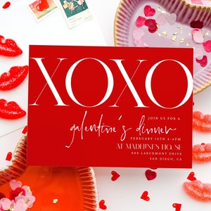 Bearbeitbar XOXO Galentine's Day Party Einladung Moderner kastanienbrauner roter Druck rosa 18 x 12 | Valentinstag Abendessen | Templett Sofort Download