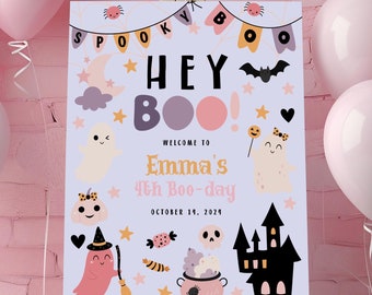 Halloween Hey Boo Birthday Welcome Sign Template Halloween Party Theme | Spooky Cute Ghosts 16 x 20 & 18 x 24 | Templett Instant Download