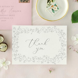 Cartões de agradecimento personalizados com escrita floral editável Chinoiserie Wedding Note Cards 7 x 5 dobrados em tenda | Lembrancinhas para impressão | Templett Download instantâneo