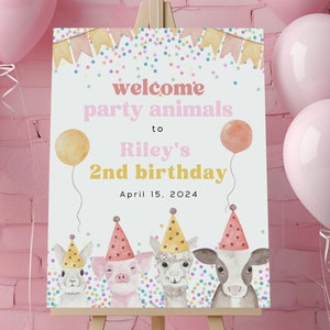Plantilla editable de letrero de bienvenida de cumpleaños con animales de granja Oink, Cluck, Baa Moo / Barnyard 16x20 y 18"x24" / Templett Descarga instantánea editable