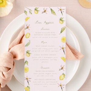 Editable Lemon Soirée Wedding Bridal Shower Lemon Menu Event Menu Template | Custom Printable Menu 4 x 9 | Templett Instant Download