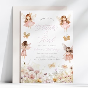 Pode incluir: Um convite rosa e branco com um fundo floral em aquarela e quatro fadas. O convite diz "Por favor, junte-se a nós para Flutter & Twirl, Você está convidado para celebrar o aniversário de Olivia, Sábado, 12 de outubro às 14h, Na casa de Olivia, 888 Oceanview Drive San Diego, RSVP para Allie mamãe no 888-888-8888".