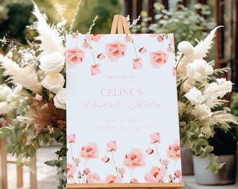 Bewerkbare Floral Rose Border Blush Welkom teken sjabloon | Roze bloemen | Afdrukbare bewegwijzering | Templett direct downloaden