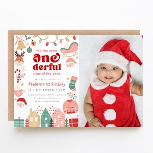 Kerst Verjaardag Fotokaart Bewerkbare Kerstman Tijd van het jaar | Vakantie baby kinderverjaardagskaart 7 x 5 | Templett direct downloaden