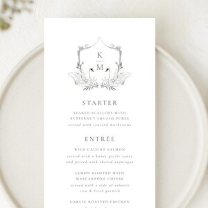 Modèle de menu d'événement de menu de mariage monogramme écusson cygne modifiable | Menu imprimable personnalisé 4 x 9 | Téléchargement instantané