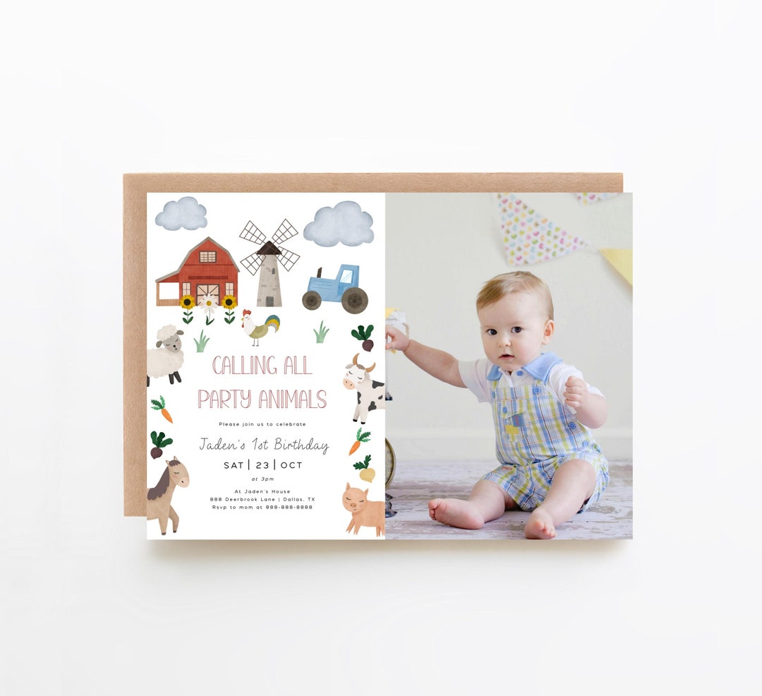 Editable Farm Animals Photo Birthday Boy Girl Invitation Template ...